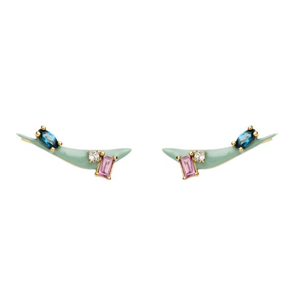 Les Bonbons Earrings- gold 9Κ, green enamel, semi-precious stones
