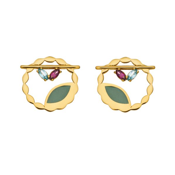 Les Bonbons Earrings- gold 9Κ, green enamel, semi-precious stones