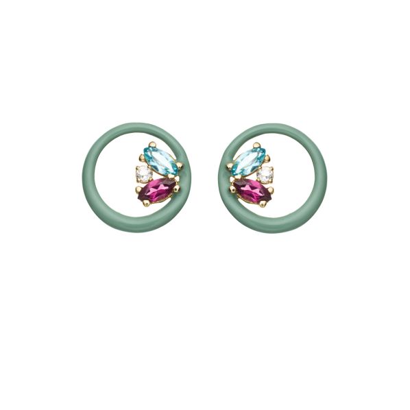 Le Bonbons Earrings- gold 9Κ Green enamel, semi-precious stones