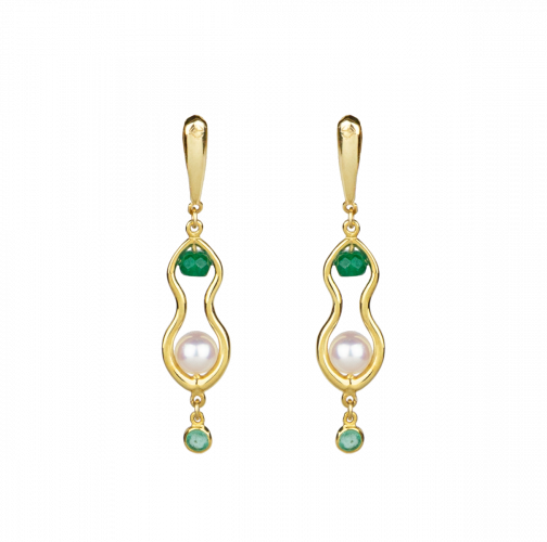 Rhea Earrings - gold, emerald, pearl, agate
