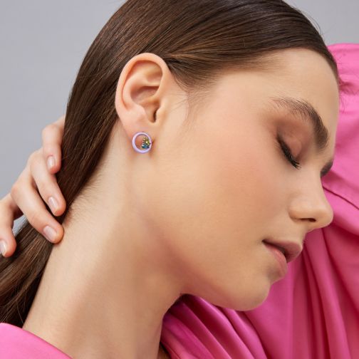 Les Bonbons Earrings- gold 9Κ, Purple enamel, semi-precious stones
